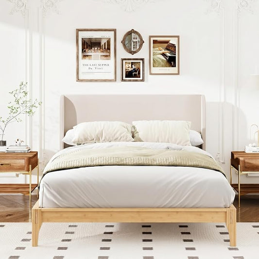 Merax Bamboo Wood 12 Inch Platform Bed with 48" Upholstered High Headboard | Queen Size Bed Frame with Wood Slat Support, No Box Spring Needed, Easy Tool-Free Assembly, Beige+ Natural