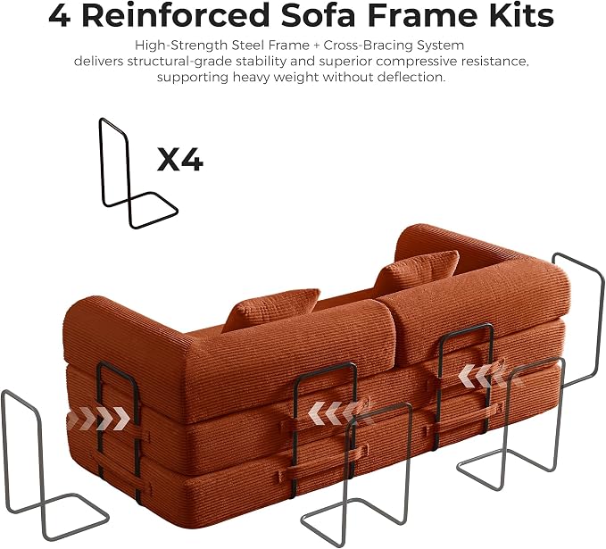 79" 5-in-1 Convertible Sofa Bed No Assembly, Boneless Couch Bed with High Density Foam, Foldable Sleeper Sofa, Corduroy Modular Couch for Apartment, Studio, Dorm Room, Small Space, Orange