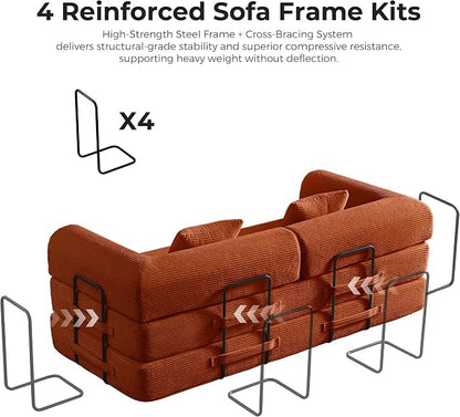 79" 5-in-1 Convertible Sofa Bed No Assembly, Boneless Couch Bed with High Density Foam, Foldable Sleeper Sofa, Corduroy Modular Couch for Apartment, Studio, Dorm Room, Small Space, Orange