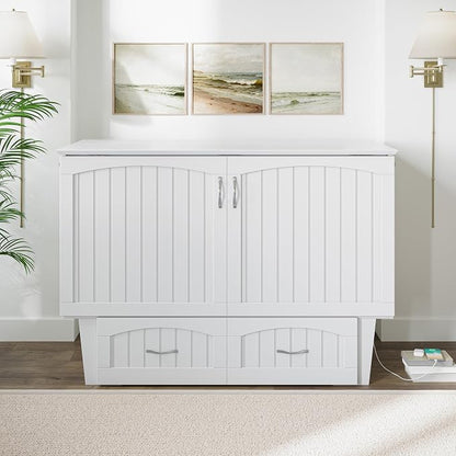 AFI, Nantucket Full Size Murphy Bed Chest with Mattress, Storage Drawer and Built-in USB Charger, White
