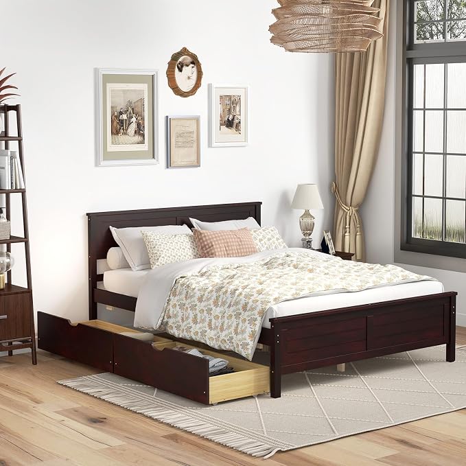 GOFLAME Full Size Bed Frame with 2 Drawers, Platform Bed with Solid Wood Headboard & Footboard, Wood Slats Support Mattress Foundation, Under Bed Storage, No Box Spring Needed, Easy Assembly, Espresso