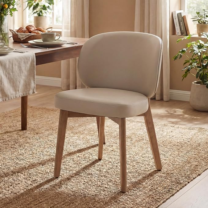 YOUNIKE Single Dining Chair Modern Kitchen Dining Room Chair Khaki | Faux Leather Upholstered Armless Side Accent Chair with Back 20.1" Wide Padded Seat Wooden Legs for Living Room Bedroom