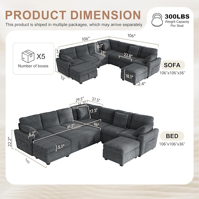 Hanherry 106" Sectional Sofa with Pull Out Couch Bed,7 Seat Corduroy Sleeper Sofa with 2 Seat Storage & USB Charging,Storage Ottoman,Comfy Modular Couches for Living Room,Apartment