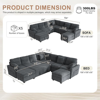 Hanherry 106" Sectional Sofa with Pull Out Couch Bed,7 Seat Corduroy Sleeper Sofa with 2 Seat Storage & USB Charging,Storage Ottoman,Comfy Modular Couches for Living Room,Apartment