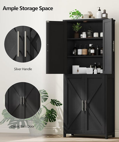 Akxomel Tall Bathroom Storage Cabinet, 11 x 22.8 x 63 Inches, Floor Cabinet with Barn Doors, Adjustable Shelf, Linen Pantry Cabinet for Kitchen, Laundry Room, Living Room, Entryway, Black