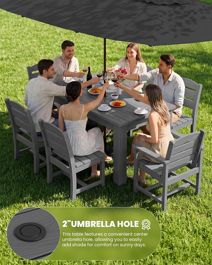 SERWALL 59" HDPE Outdoor Dining Set for 8, w/ 2 Tables & 8 Armchairs, Gray