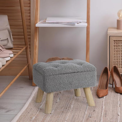 OGEMXU Storage Ottoman, Small Storage Ottoman Foot Stool with Wood Legs, Teddy Velvet Rectangular Foot Rest for Chair, Soft Sponge White Footstool for Living Room, Couch, Bedroom, Dorm (Grizzly)