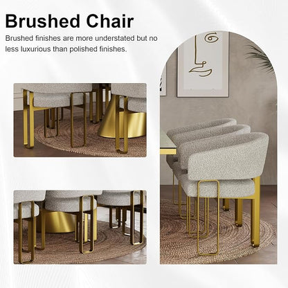Dining Chairs Set of 4, Off White Boucle Upholstered Dining Room Chairs with Brushed Gold Metal U-Shaped Legs, Luxury Side Chairs with Arms