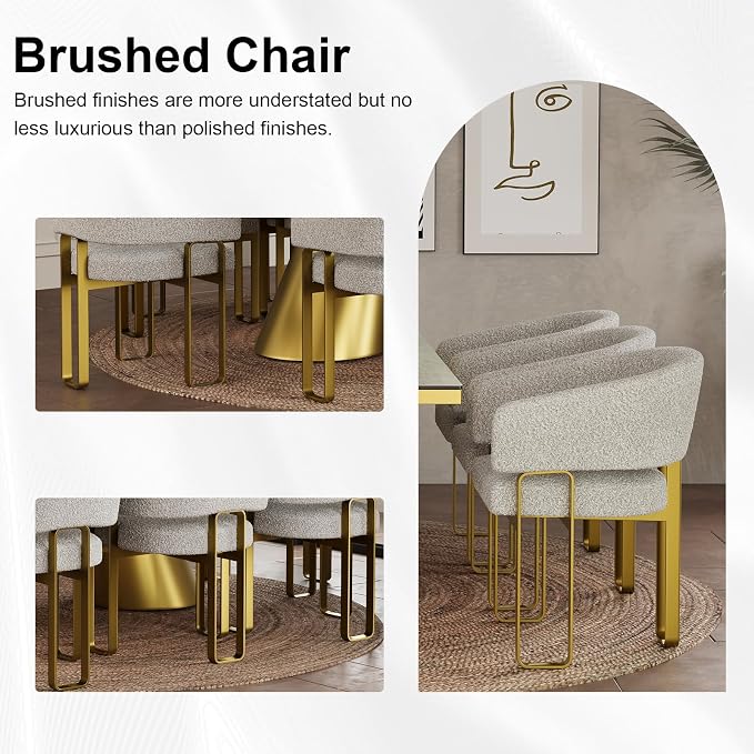 Dining Chair with Arms, Luxury Off White Boucle Barrel Dining Room Chair with Brushed Gold U-Shaped Legs for Kitchen, Bedroom, Makeup Room (1 PCS)
