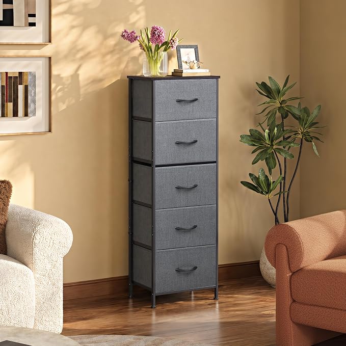 WLIVE Fabric Dresser, 5-Drawer Tall Dressers for Bedroom, Storage Dresser Organizer with Fabric Bins, Wood Top, Sturdy Steel Frame, Chest of Drawers for Closet, Hallway, Dark Grey