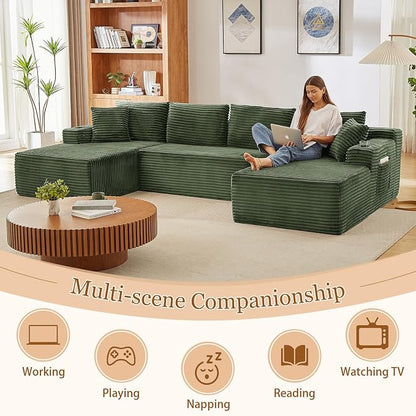 125" Modular Sectional Sleeper Sofa, Boneless Cloud Couch for Living Room, U Shaped 5 Seat Sofa with 2 Storage Pockets& 2 Cup Holders, Free Combination, No Assembly Required (Green, 125")