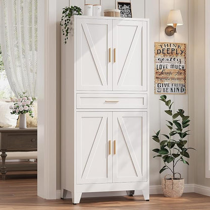 71“H Metal Kitchen Pantry Cabinet with Drawers,White Kitchen Pantry Cabinets,Tall Food Storage Cabinets,Free Standing Pantry Cabinet with 4 Doors,Farmhouse Pantry Cabinets