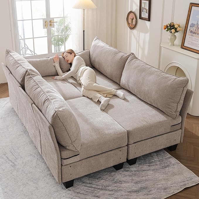 176'' Modular Sectional Sofa with All Seats Storage,Sleeper Sofa Bed with Throw Pillow,Loveseat Couches for Living Room,Bedroom,Removable Cover,Chenille,Khaki