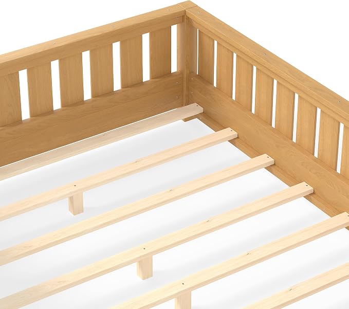 Bellemave Full Size Floor Bed with high Rails and with Built-in Bookshelf for Kids, Girls, Boys, Wood Montessori Floor Bed Without Door, Light Natural