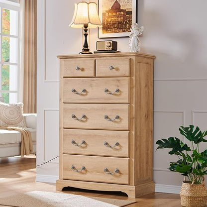 T4TREAM Farmhouse Dressers & Night Stand Set of 4, 54" Wide 7 Drawer Dresser & 48" Tall 6 Drawers Chests, 18" Wide 2 Drawers Side Table Set of 2, Furniture Dresser Sets for Home, Natural Oak