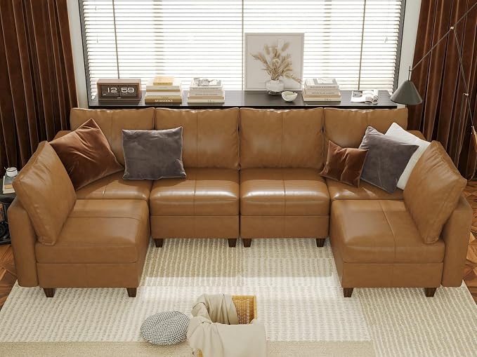 EASE MOOSE Modular Sofa with Storage, Faux Leather Sectional Sofa U Shaped Sectional Couches for Living Room, Brown