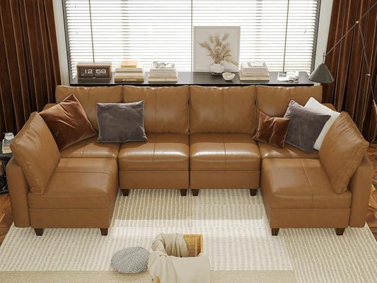 EASE MOOSE Modular Sofa with Storage, Faux Leather Sectional Sofa U Shaped Sectional Couches for Living Room, Brown