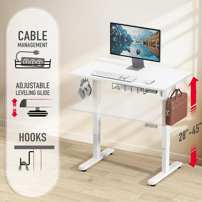 SHW 40 x 22 Inches Electric Height Adjustable Sit to Stand Desk with Hanging Hooks and Cable Management, White Frame and White Top