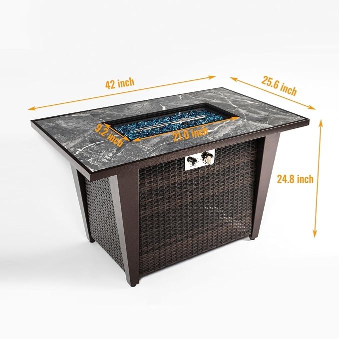 42" Propane Gas Fire Pit Table 50000 BTU Rectangular Outdoor Fire Pit with Ceramic Tile Tabletop Glass Wind Guard, Steel Patio Fire Table & PE Wicker Panel, Lid Rain Cover for Backyard Garden, Gray
