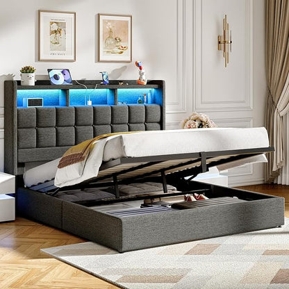 Driftalia Lift Up King Size Bed Frame with Storage, Upholstered King Bed Frame with Charging Station and LED Lights Headboard, No Box Spring Needed, Easy Assembly - Dark Grey