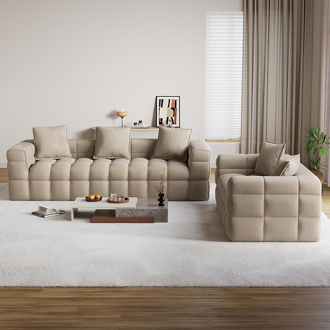 Chenille Cloud Sofa Couch Set with 5 Soft Pillows,Comfy Upholstered Chenille LoveSeat Sofa Set,Modern Deep Seat Sherpa Cloud Couch, Oversized Love Seat for Living Room,Light Brown