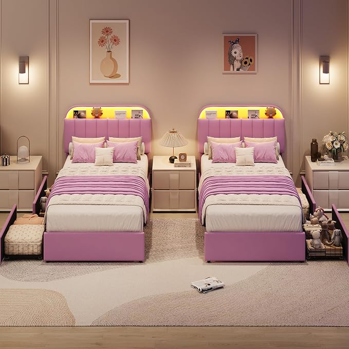GarveeHome Twin XL Bed Frame with Storage Headboard, Kids Bed Frame with 2 Drawers, Velvet Upholstered Platform Bed Frame with Lights, No Box Spring Needed, Easy Assembly, Velvet Purple