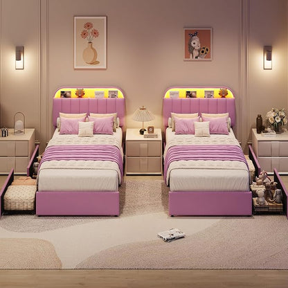 GarveeHome Twin XL Bed Frame with Storage Headboard, Kids Bed Frame with 2 Drawers, Velvet Upholstered Platform Bed Frame with Lights, No Box Spring Needed, Easy Assembly, Velvet Purple