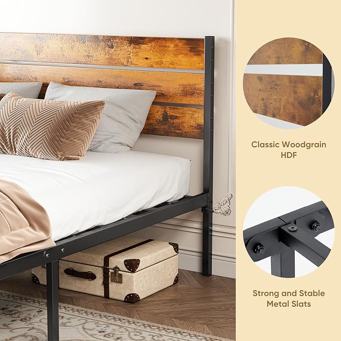 OLIXIS Full Size Platform Bed Frame with Wooden Headboard and Footboard, Heavy Duty Metal Slat Mattress Base, 800 LBS Weight Capacity, Sturdy Stable Structure, No Box Spring Needed
