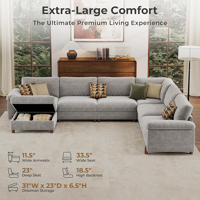 SITJOY Large Cloud Couch, 138" Wide 6 Seater U Shape, Light Gray Chenille | Detachable and Washable Chenille Cover Sectional Sofas for Living Room, Deep Seat Wide Couch with Chaise, Storage Ottoman