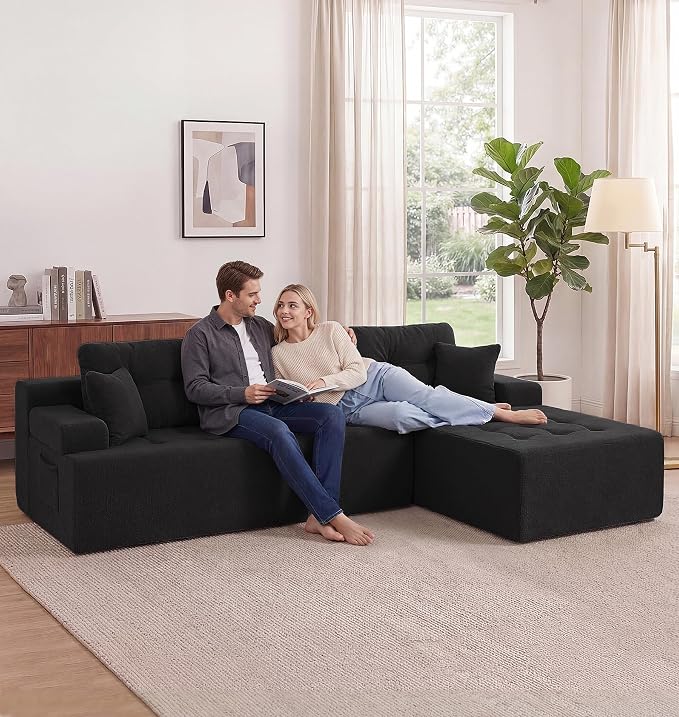 Hobestluk Modular Sectional Sofa Couches L-Shape Couch 3 Seat Modular Sofa Memory Foam Sectional Couches for Living Room, Cloud Couch with Oversized Chaise (Black Tufted, 96", Right Hand Facing)