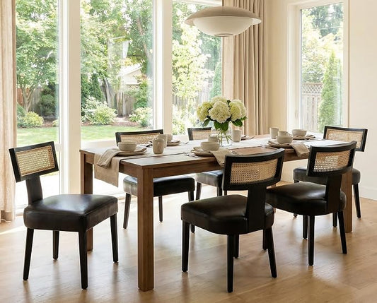 RIVOVA Rattan Dining Chairs Set of 6, Mid-Century Modern Dining Chairs, Kitchen Dining Room Chairs, Curved Cane Back Upholstered PU Leather Dining Chair with Black Wood Frame, Black