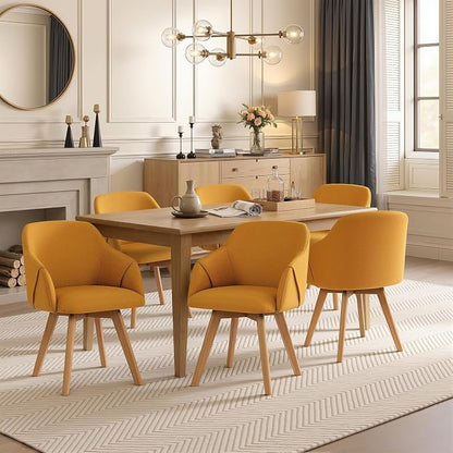 Swivel Dining Chairs Set of 6, Linen Fabric Upholstered Dining Chairs with Arms and Wood Legs, Mid Century Modern Kitchen Chairs for Dining Room Living Room, Comfortable Large Seat, Yellow
