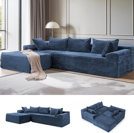 Korser 108" L-Shaped Modular Sectional Sofa with Chaise, Boneless Comfy Corduroy Fluffy Couch with Deep Seat and Side Pockets, Flexible Module Combination for Living Room, No Assembly, Side Pockets