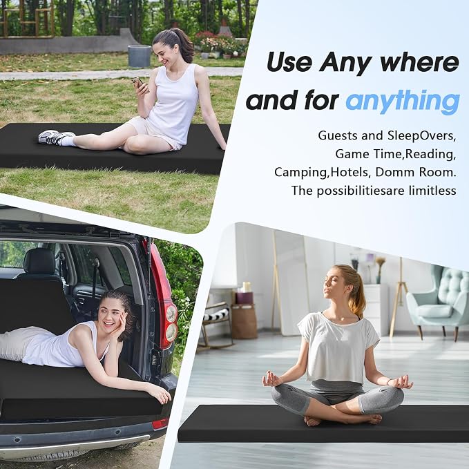 CYMULA 3 Inch Memory Foam Camping Pad, Camping Essentials Roll Up Floor Mat for Car Camping, Cot, Tent, Truck, Travel and Guest Use, Non-Slip Waterproof Bottom, Removable Cover