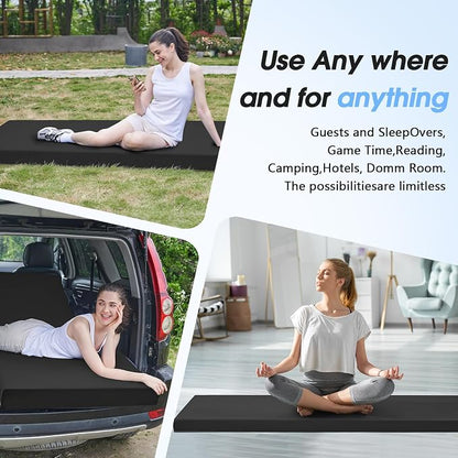 CYMULA 3 Inch Memory Foam Camping Pad, Camping Essentials Roll Up Floor Mat for Car Camping, Cot, Tent, Truck, Travel and Guest Use, Non-Slip Waterproof Bottom, Removable Cover