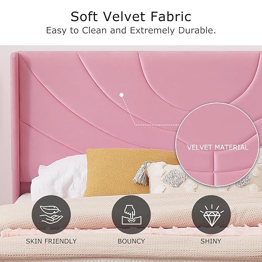 VECELO Queen Size Bed Frame Upholstered Platform with Fabric Headboard/Wooden Slats Support/No Box Spring Needed/Mattress Foundation,Pink