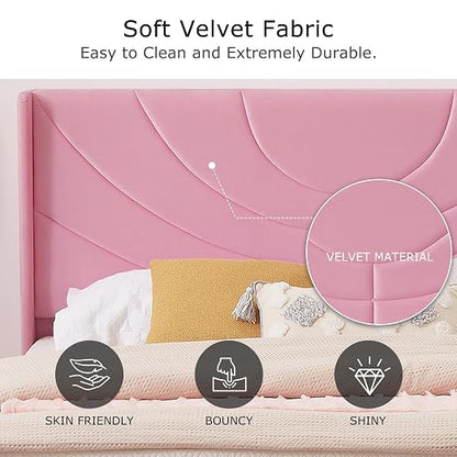 VECELO Queen Size Bed Frame Upholstered Platform with Fabric Headboard/Wooden Slats Support/No Box Spring Needed/Mattress Foundation,Pink