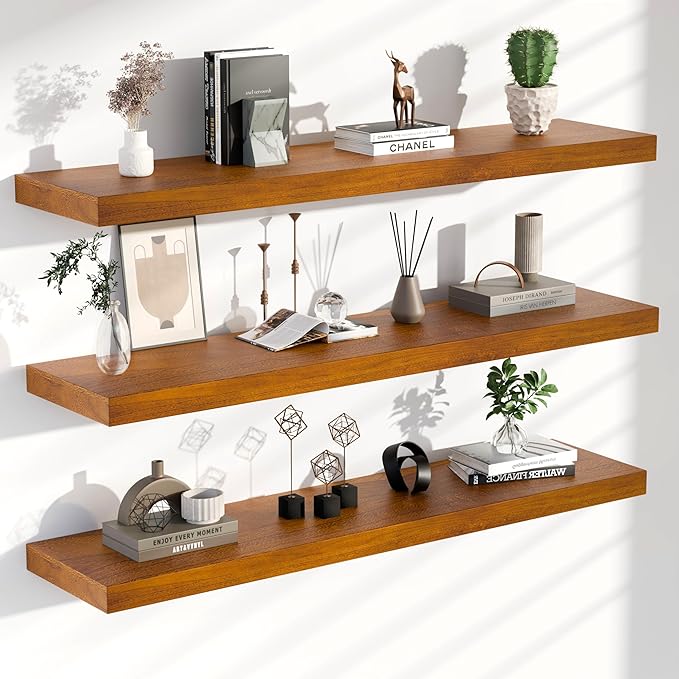 Floating Shelves for Wall, 48 Inch Extra Long Brown Wall Shelves, Set of 3, Hanging Invisible Brackets Floating Shelves for Living Room,Bedroom,and Kitchen