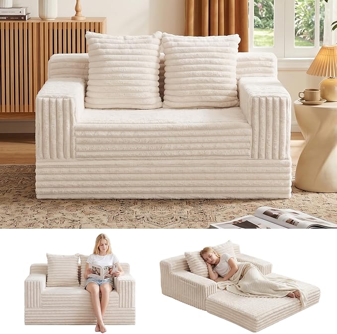 Erament Boneless Loveseat Convertible Sofa Bed, Folding Floor Futon Sleeper Sofa Couch Bed- Boneless Foldable Couch, Furry Pull Out Sofa Bed with 2 Pillows for Living Room & Bedroom