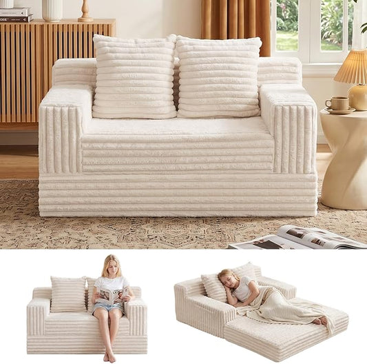 Erament Boneless Loveseat Convertible Sofa Bed, Folding Floor Futon Sleeper Sofa Couch Bed- Boneless Foldable Couch, Furry Pull Out Sofa Bed with 2 Pillows for Living Room & Bedroom