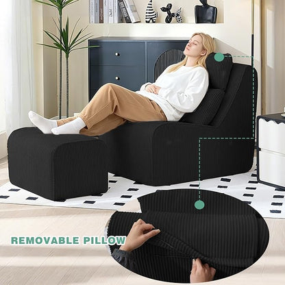 104.92" L-Shaped Corduroy 3 Piece Sofa Set with Single Lounge Chair & Ottoman, Modular Compressed All Foam Couch, Freely Movable Footrest, Minimalist Large Living Room Furniture