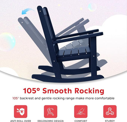 Costaelm Paradise Kids 3-Piece Outdoor HDPE Plastic Square Side Table and Rocking Chairs Set, Navy Blue