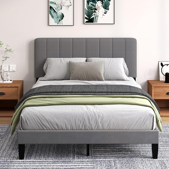 Queen Size Bed Frame with Headboard, Platform Bed with Soft Velvet Upholstered Headboard | Wooden Slats Support | Adjustable Height | No Box Spring Needed, Queen Bed Frame Grey