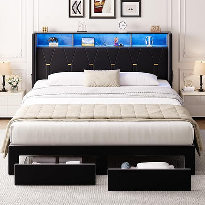 Allewie King Bed Frame with 2-Tier Storage Headboard, Charging Station & LED Lights, Velvet Upholstered Platform Bed with 2 Drawers, Wingback Headboard, Gold Button Tufted, No Box Spring Needed, Black