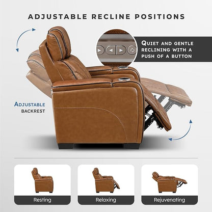 Lexicon Power Double Reclining Sofa, Center Drop-Down Table with Heat/Massage/Headrest/Storage Arms/Cup Holders/LED Lights/Wireless Charging, Top Grain Leather Match Wall Hugger Recliner Sofa, Brown