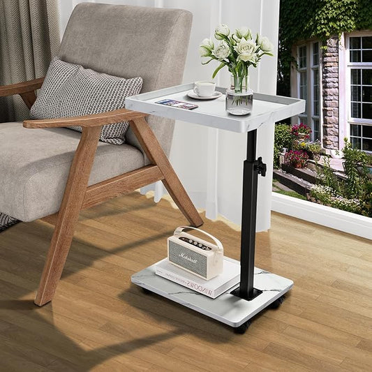 C Table End Table Adjustable Height, 360°Swivel TV Tray Table for Small Spaces, Couch Tables That slide under, C Shaped Side Tables living room and bedroom for Sofa, Bed,Chair, Snack (1, White)