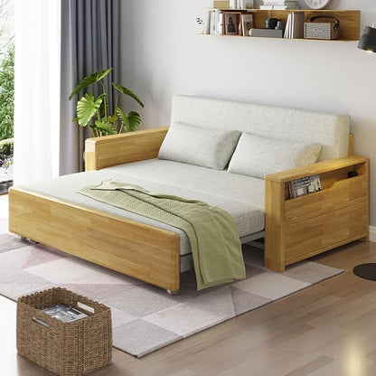 59" 3 in 1 Convertible Sleeper Sofa with Storage, Grey Soft Cushion Sectional Couch, Reversible Chaise, Solid Wood Log Color Frame Pull-Out Bed for Living Room, Apartment, Office
