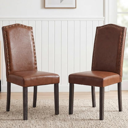 LSSBOUGHT PU Dining Chair Upholstered Parsons Kitchen Chair with Copper Nails and Solid Wood Legs for Dining Room,Restaurant (Brown, 4PCS)