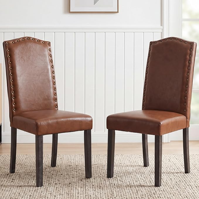 LSSBOUGHT PU Dining Chair Set of 2 Upholstered Parsons Kitchen Chair with Copper Nails and Solid Wood Legs for Dining Room,Restaurant(Brown, 2PCS)