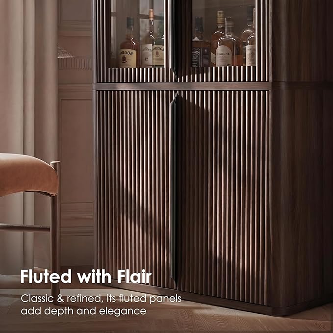 77" Tall Storage Cabinet - Fluted Pantry Cabinets with Glass Doors, Wooden Kitchen Food Cupboard, Adjustable Shelves, Modern Display Storage Closet for Living Room, Dining Room, Office, Brown 1pc